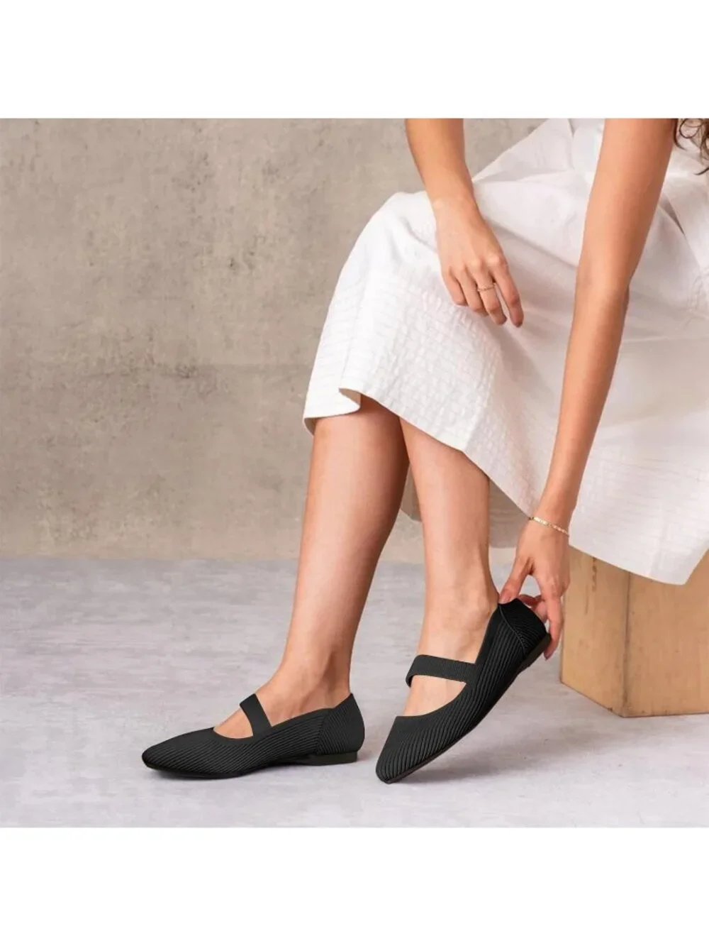 Women's Black Knit Mary Jane Flats Pointed Toe Pull On Comfortable Flats Shoes